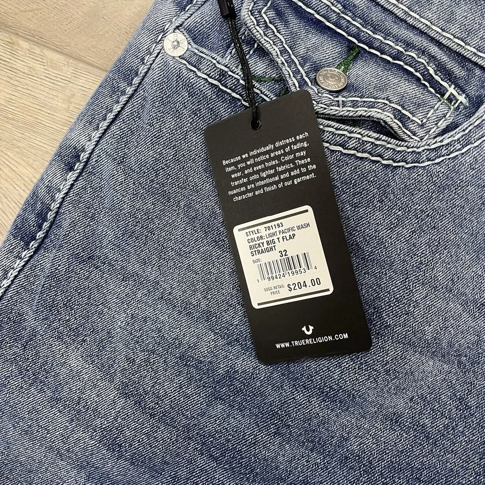 True Religion Ricky Big T Flap Relaxed Straight Jeans Sz 32x34 Light Pacific Was